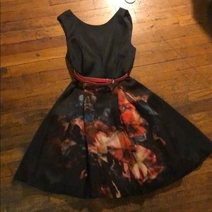 Ted Baker black fit & flare dress w/ floral print